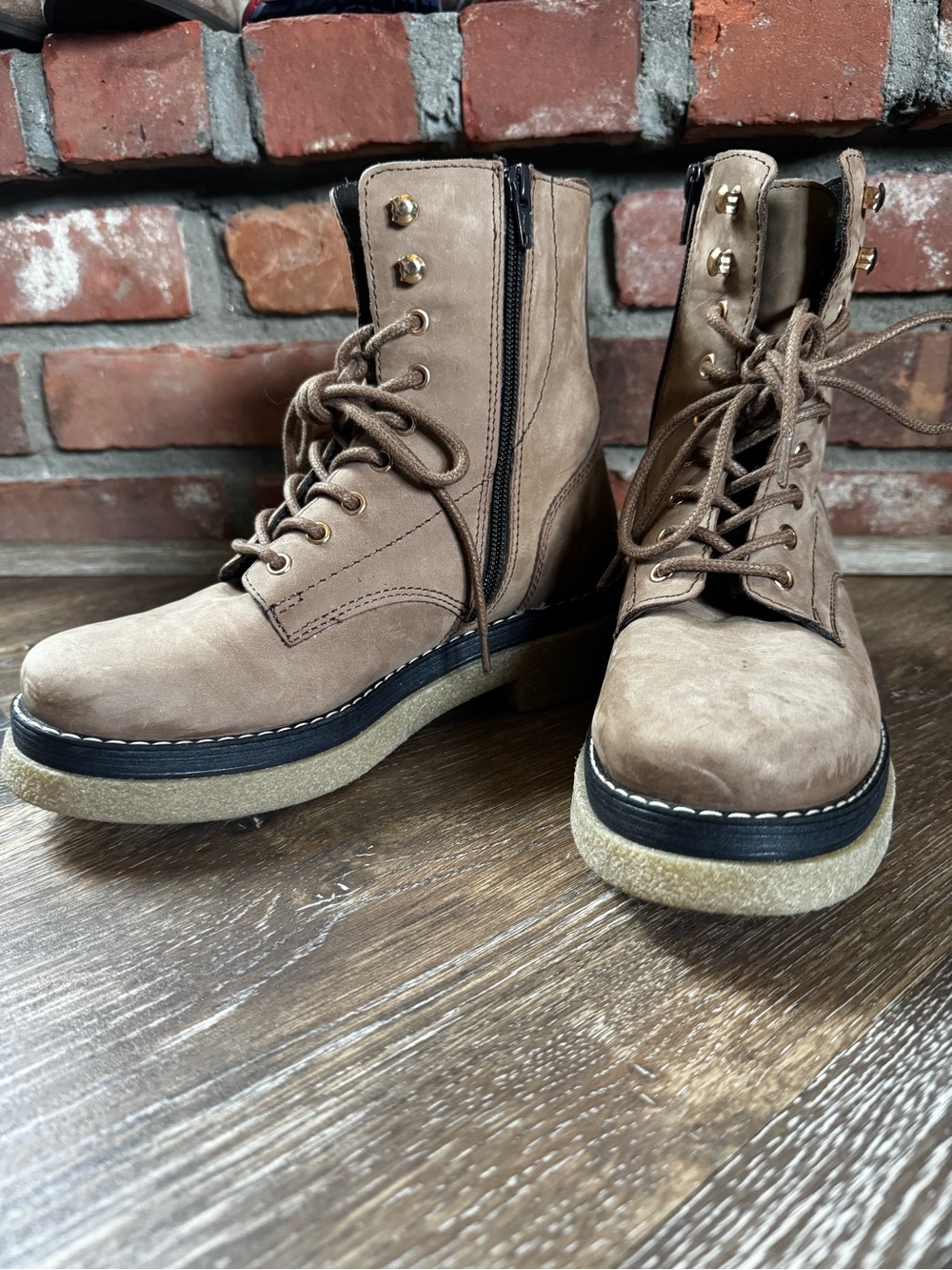 Crown Vintage Lace-Up Combat Boots in Taupe Brown